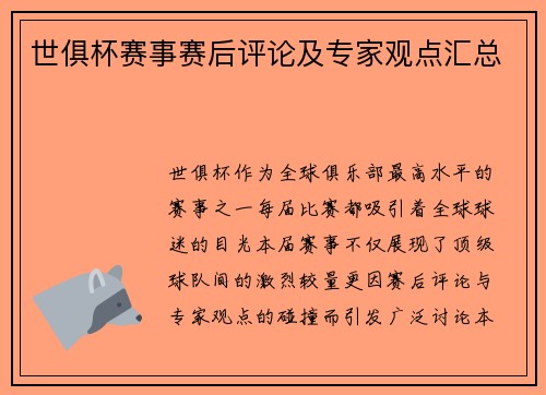 世俱杯赛事赛后评论及专家观点汇总
