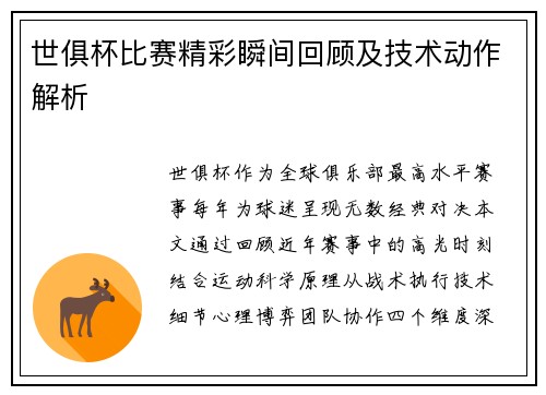 世俱杯比赛精彩瞬间回顾及技术动作解析