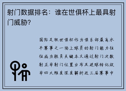 射门数据排名：谁在世俱杯上最具射门威胁？