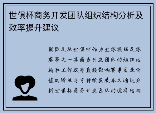 世俱杯商务开发团队组织结构分析及效率提升建议