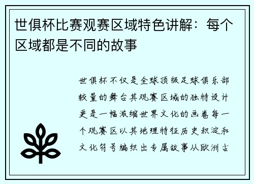 世俱杯比赛观赛区域特色讲解：每个区域都是不同的故事
